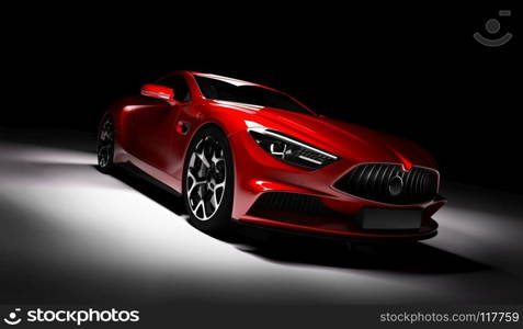 Modern red sports car in a spotlight on a black background. Front view. 3D render. Luxury cars.. Modern red sports car in a spotlight on a black background.