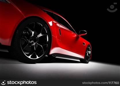 Modern red sports car in a spotlight on a black background. Front view. 3D render. Luxury cars.. Modern red sports car in a spotlight on a black background.