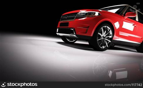 Modern red SUV car in a spotlight on a black background. Front view. 3D illustration. Luxury cars.. Modern red SUV car in a spotlight on a black background.