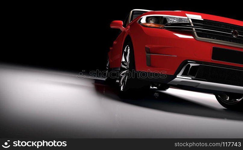 Modern red SUV car in a spotlight on a black background. Front view. 3D illustration. Luxury cars.. Modern red SUV car in a spotlight on a black background.