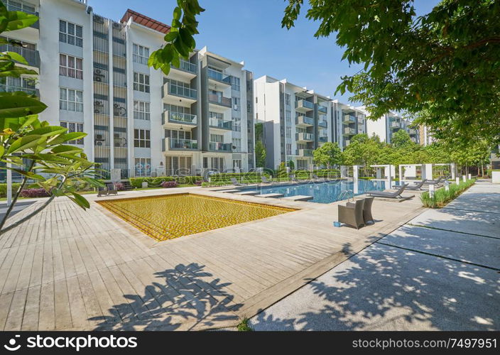 Modern residential buildings with outdoor facilities, Facade of new low-energy houses