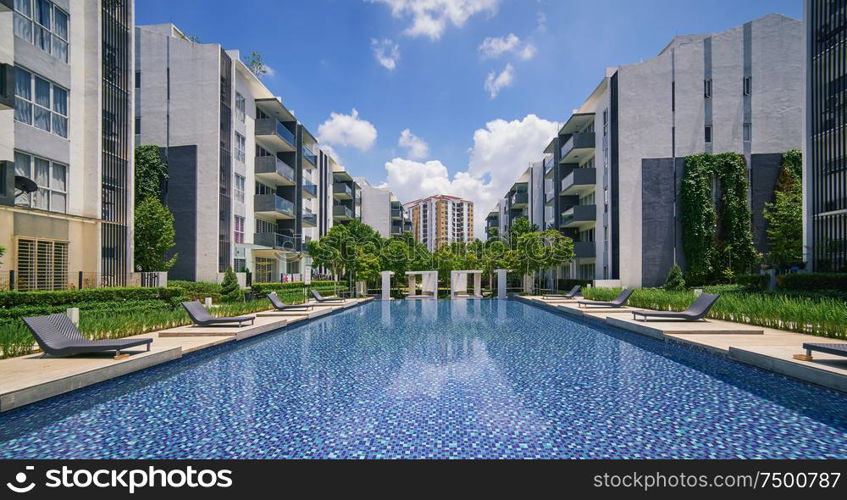 Modern residential buildings with outdoor facilities, Facade of new low-energy houses