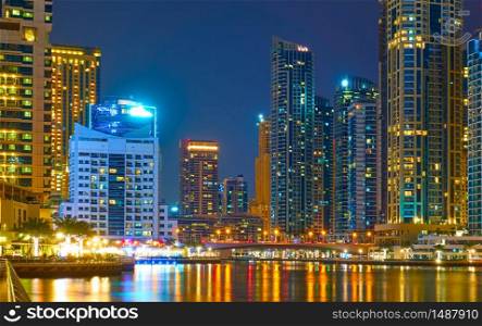 Modern residential towers of Dubai Marina at night, United Arab Emirates