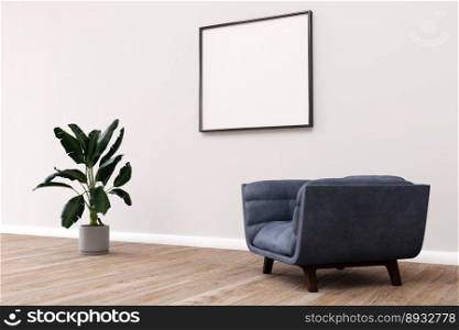 Modern room design with a comfortable armchair and a frame on the wall. 3d illustration
