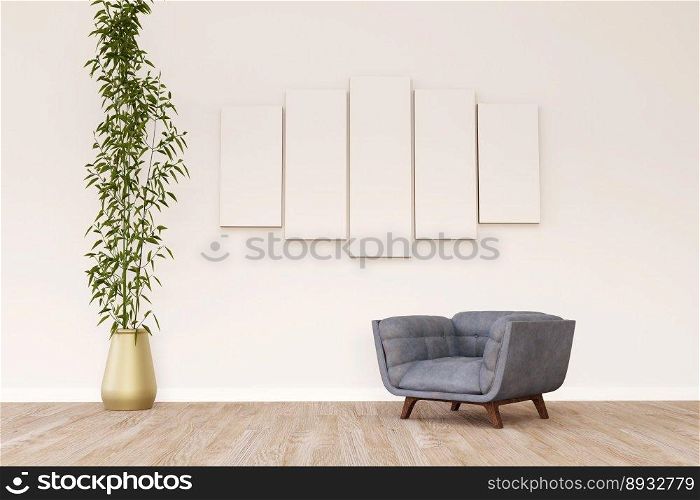 Modern room design with a comfortable armchair and frames on the wall. 3d illustration