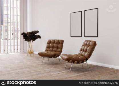 Modern room design with two brown leather armchair and two frames on the wall. 3d illustration. Modern room design with two brown leather armchair and two frames on the wall. 3d render