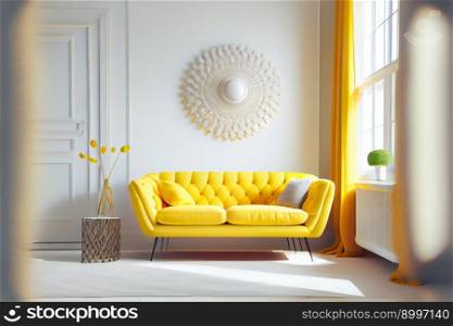  Modern room interior with yellow sofa.  Generative AI 