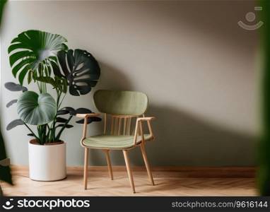 modern room with chair and copy space, built in minimal tropical room, plants, Monstera