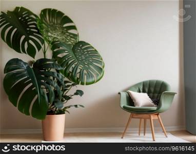 modern room with chair and copy space, built in minimal tropical room, plants, Monstera