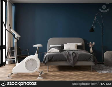 Modern room with fitness bike. Sport equipment in contemporary interior. Healthy lifestyle, sport, training at home concept. Stay fit. Home gym. 3D rendering. Modern room with fitness bike. Sport equipment in contemporary interior. Healthy lifestyle, sport, training at home concept. Stay fit. Home gym. 3D rendering.