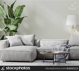 modern room with gray sofa and coffee table and tropical plant, empty wall mock up, 3d rendering