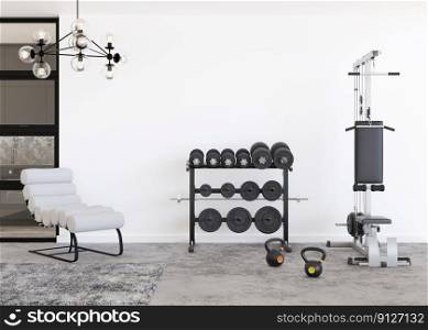 Modern room with sport equipment. Contemporary interior. Healthy lifestyle, sport, training at home concept. Stay fit. Home gym. 3D rendering. Modern room with sport equipment. Contemporary interior. Healthy lifestyle, sport, training at home concept. Stay fit. Home gym. 3D rendering.