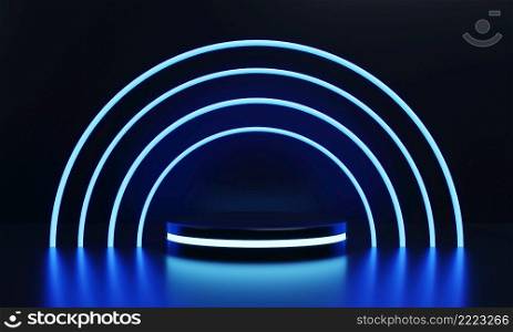 Modern round product showcase sci-fi podium with blue glowing light neon ring frame background. Technology and object concept. 3D illustration rendering
