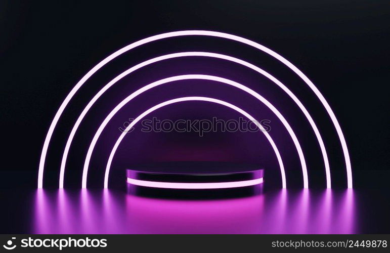 Modern round product showcase sci-fi podium with pink glowing light neon ring frame background. Technology and object concept. 3D illustration rendering