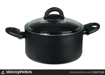 Modern saucepan with a glass cover on a white background