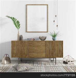 Modern scandinavian interior of living room with wooden dresser over white wall with mock up poster, home decor design 3d rendering