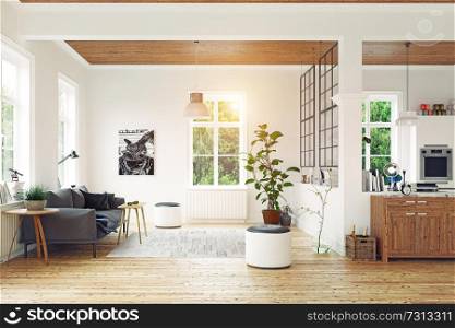 modern scandinavian living room design. 3d concept rendering