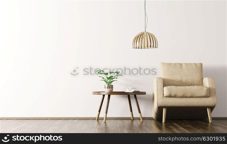 Modern scandinavian living room interior with beige armchair, lamp and coffee table over white wall on the wooden floor 3d rendering