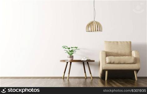 Modern scandinavian living room interior with beige armchair, lamp and coffee table over white wall on the wooden floor 3d rendering