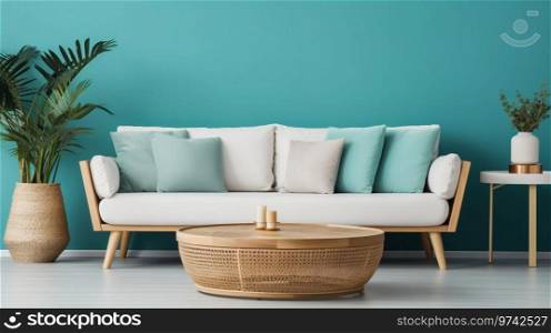 Modern Scandinavian Living Room  Rustic Coffee Table and White Sofa Against Turquoise Wall. Generative ai. High quality illustration. Modern Scandinavian Living Room  Rustic Coffee Table and White Sofa Against Turquoise Wall. Generative ai