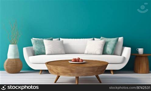 Modern Scandinavian Living Room  Rustic Coffee Table and White Sofa Against Turquoise Wall. Generative ai. High quality illustration. Modern Scandinavian Living Room  Rustic Coffee Table and White Sofa Against Turquoise Wall. Generative ai