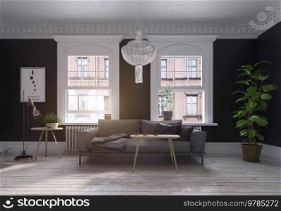 modern scandinavian style living room interior design. 3d illustration concept