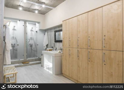 Modern shower room interior with wardrobes. interior of the shower room