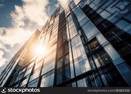 modern skyscraper with reflection of the sun shining in windows, created with generative ai. modern skyscraper with reflection of the sun shining in windows