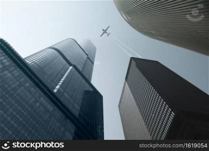 Modern Skyscrapers And Single Engine Plane With Trails Over Blue Sky