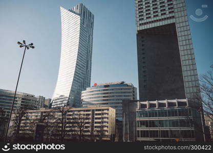 Modern skyscrappers in business center of Warsaw. New polish architecture in downtown