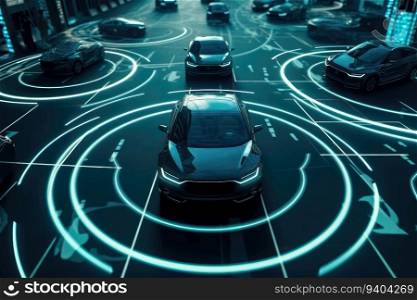 Modern smart car technology intelligent system using Heads up display  HUD  Autonomous self driving mode vehicle on city road with graphic sensor radar signal system intelligent car , generate Ai