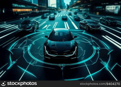 Modern smart car technology intelligent system using Heads up display  HUD  Autonomous self driving mode vehicle on city road with graphic sensor radar signal system intelligent car , generate Ai