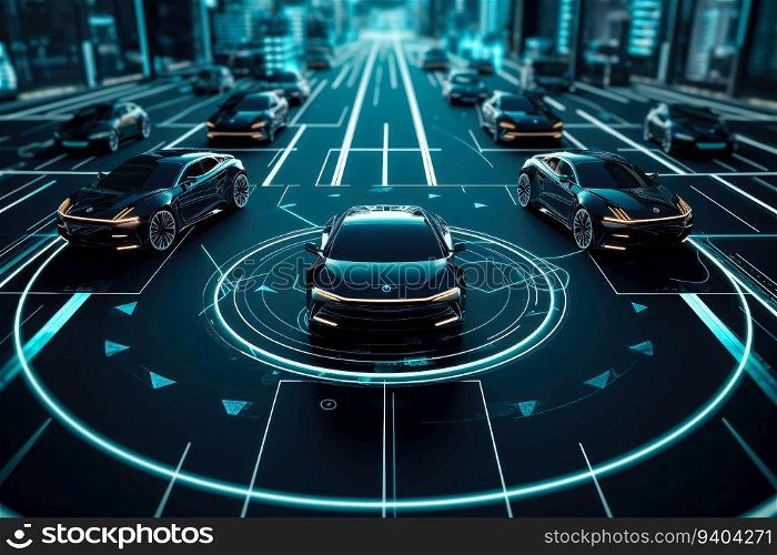 Modern smart car technology intelligent system using Heads up display  HUD  Autonomous self driving mode vehicle on city road with graphic sensor radar signal system intelligent car , generate Ai