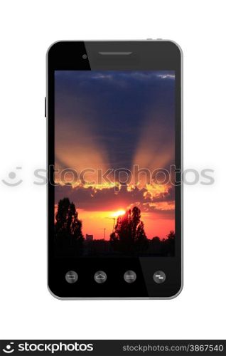 Modern smart-phone with picture of sunset isolated on the white. smart-phone with picture of sunset on white