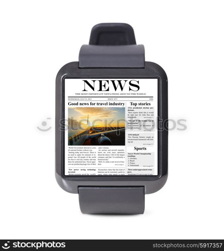 modern smart watch with article in news application at the watchface isolated on white background