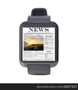 modern smart watch with article in news application at the watchface isolated on white background