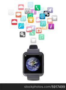 modern smart watch with cloud of apps isolated on white background. modern smart watch