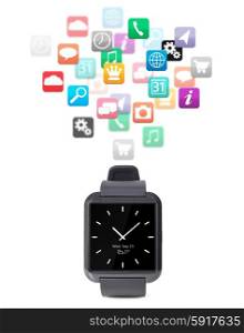 modern smart watch with cloud of apps isolated on white background. modern smart watch