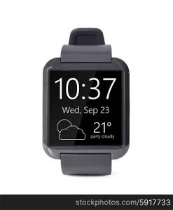 modern smart watch with date and weather on the watchface isolated on white background. modern smart watch