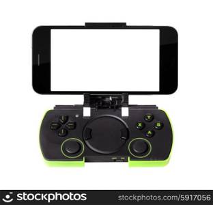 modern smartphone connected with gamepad, isolated on white background