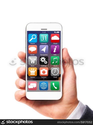 modern smartphone in businessman hand isolated on white background