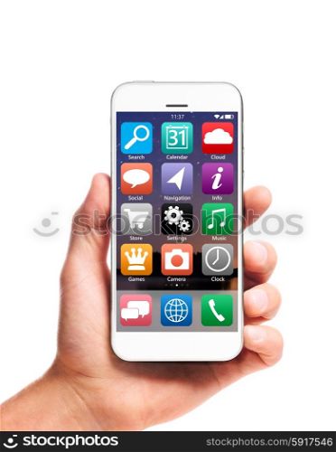 modern smartphone in hand. modern smartphone in hand with interface and apps isolated on white background