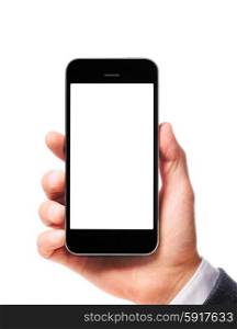 modern smartphone in hand. modern smartphone with blank screen in businessman hand isolated on white background