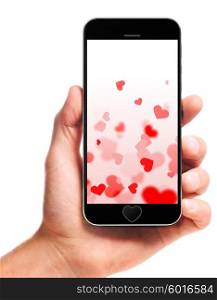 modern smartphone in hand. modern smartphone with hearts on the screen in male hand isolated on white background