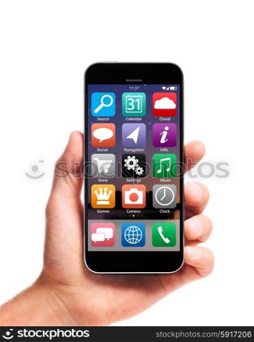 modern smartphone in hand with interface and apps isolated on white background