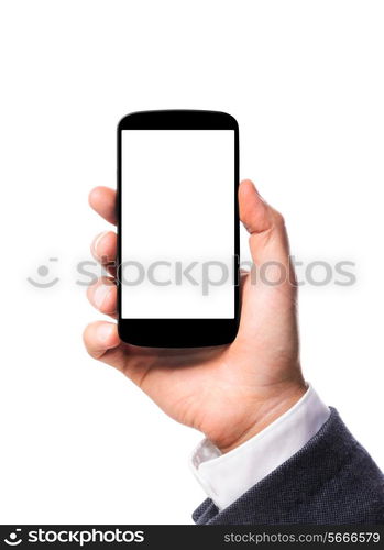 modern smartphone in male hand isolated on white background