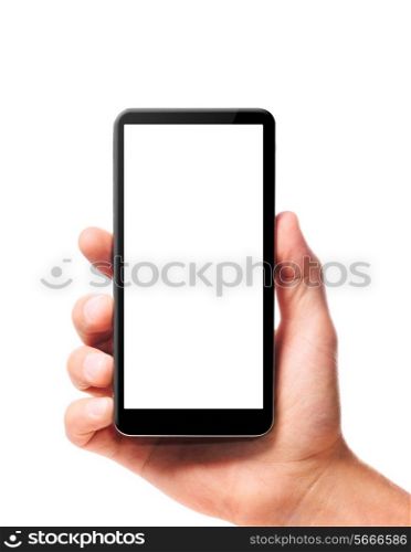 modern smartphone in male hand isolated on white background