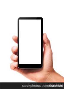 modern smartphone in male hand isolated on white background