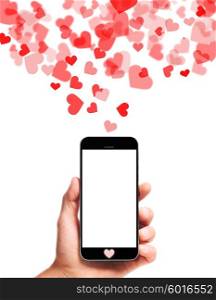 modern smartphone in male hand with hearts on the screen and flying around isolated on white background. modern smartphone in hand