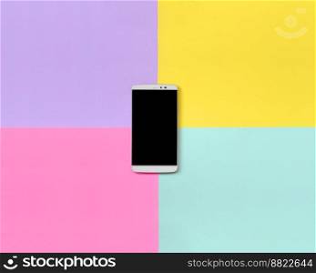 Modern smartphone with black screen on texture background of fashion pastel blue, yellow, violet and pink colors paper in minimal concept.. Modern smartphone with black screen on texture background of fashion pastel blue, yellow, violet and pink colors paper in minimal concept